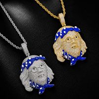 Collier Pendentif Bling en Laiton Entièrement Sertie de Zircons Cubiques, Motif Franklin, Design Bandana Bleu, Accessoire de Cou pour Homme Rapper