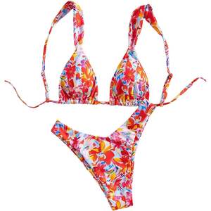 Conjunto de Bikini Triangular con Estampado Floral Personalizado para Mujer, Traje de Baño de Dos Piezas de Corte Alto con Cordón Ajustable, Halter Elástico de Spandex y Poliéster - Product Image 1