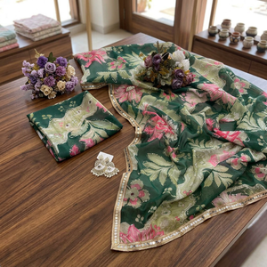 Sari en soie Tebby à imprimé numérique élégant avec broderie intégrale, détails miroir, bordure en dentelle et chemisier imprimé pour femme - Product Image 2