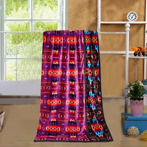2PLY Purple Colors Super Soft Southwest Native Patterns Flannel Blanket For Winter Reversible