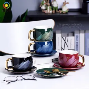 Nordic dazzling coffee cup electroplated golden handle European-style luxury ceramic coffee cup afternoon tea cup with spoon