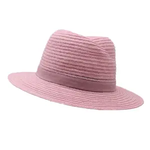 สีชมพูสีฟ้าหรูหราฟิลิปปินส์ Sisal ฟาง Fedora หมวกสำหรับสุภาพสตรี Summer Beach Sun Shade