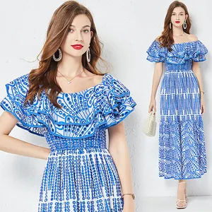 Summer LolitaSlash Neck Tunic Casual Maxi Dress For Women Short Butterfly Sleeve Empire Printed Embroidery Hollow Out Ruffled La