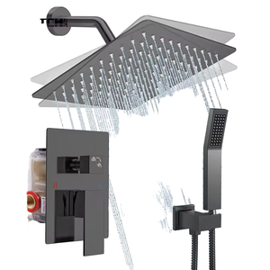 Juego de grifería de ducha empotrada negro mate, montado en la pared, con cabezal de lluvia cuadrado y ducha de mano, válvula mezcladora monomando - Product Image 1