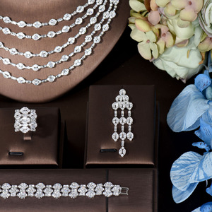 HIBRIDE Elegante Cinco Capas Borla Larga Zirconia Cúbica Señoras Conjuntos de Bisutería Pendientes Colgantes de Gota Collar con Colgante, Collar de Dos Capas - Product Image 3