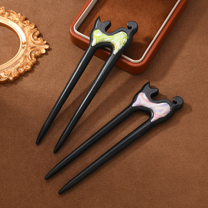 Épingle à cheveux double en bois style ancien, motif brocart culturel et créatif rétro en ébène, simple et haut de gamme, pour coiffure Hanfu - Product Image 1