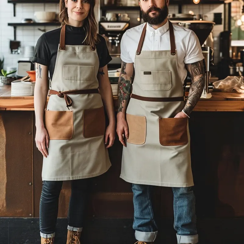 Professionele Custom Logo Unisex Hoge Kwaliteit Vintage Blauwe Restaurant Barista Barman Slabbetje Canvas Schort