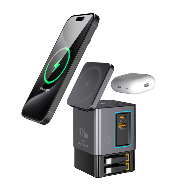 Hot 6 in 1 Multiple Mobile Phone Charging Station 15W Magnetic Wireless Charger with Retractable Cable 105W GaN Desktop Charger