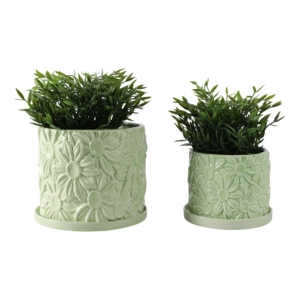 Vaso Decorativo a Forma di Margherita in Ceramica Verde per Piante da Interno ed Esterno con Sottovaso, Set di Due - Product Image 2