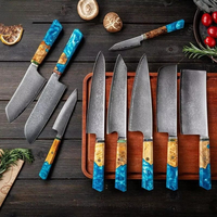 Ensemble de 9 couteaux de cuisine japonais en acier Damas VG10 avec manche en résine bleue octogonale, livré en coffret cadeau