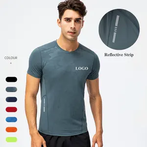 Mens Solid Reliëf Patroon Korte Mouwen Workout Shirts Elastische Snel Droog Reflecterende Strips Running Tops Actieve Spier T-shirt