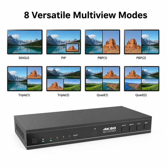 Ultra HD 4K60 4x1 HDMI Seamless Switcher Multi-viewer 18Gbps 4:4:4 PIP PBP Quad 8 Modes Video Processor for Studio