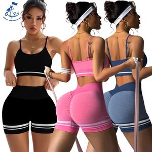 カスタムロゴレディースVウエストスクランチバットショーツ + ブラ2個ヨガセットジムフィットネスセットアクティブウェアワークアウトランニングウェアスポーツウェア - Product Image 1