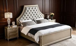 Premium <b>Queen</b> <b>Size</b> Champagne Finish <b>Bed</b> With Grey Diamond Tufted Nailhead Tall Arched Upholstered Headboard For Luxury Bedroom - Product Image 2