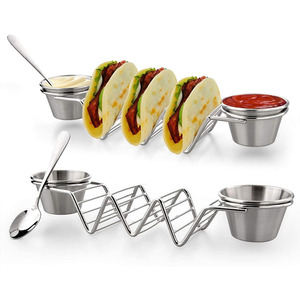 Venta al por mayor Mexican Upgrade Pancake Shell Acero inoxidable Taco Stand Up Holders con juego de tazas de Salsa - Product Image 1