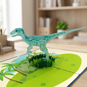 Carte de vœux 3D pop-up dinosaure Rapace, design personnalisé, vente en gros, cadeau artisanal Hanoï, décoration intérieure en papier, couleur et logo personnalisables - Product Image 1