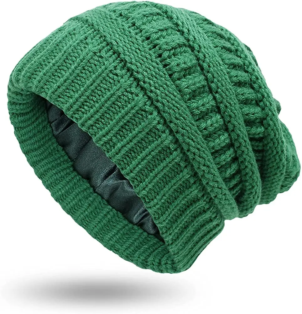 Gorro de punto cálido para mujer, gorro de seda satinada forrado con Cable, gorrito grueso con calavera