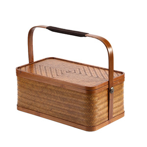 Handmade Bamboo Woven <b>Basket</b> Rectangle Double Layer Food Container Portable Tea <b>Storage</b> Box - Product Image 5