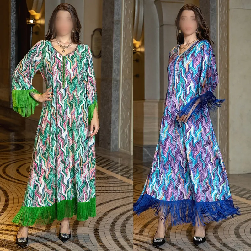 AB327 orta doğu arap Dubai Abaya etnik giyim müslüman kadınlar için elbise uzun kollu baskılı rahat Jalabiya kadınlar