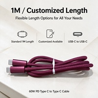 Kabel Pengisian Cepat 60W Tipe C ke Tipe C, Nylon Braided, Tembaga Murni, Kabel Data 3A untuk Ponsel