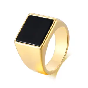 Mens Black Onyx Rings Stainless Steel Square Agate Signet Rings For Men Minimalist Stainless Steel Fashion Jewelry