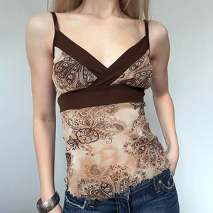 Women Y2K Vintage Floral Print Contrast Mesh V Neck Cami <b>Top</b> Sexy Slim Fit Summer <b>Crop</b> Tank <b>Top</b> Wholesale - Product Image 2