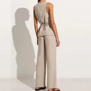 Trajes de Lino Personalizados OEM para Mujer, Pantalones Rectos de Negocios, Top Corto de Lino sin Mangas con Cuello Cuadrado, Conjuntos de Dos Piezas - Product Image 4