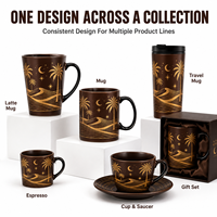 Tasse à café/thé en céramique marron foncé avec motif palmier tropical et feuille d'or – Cadeau d'entreprise, logo personnalisé, vaisselle haut de gamme en gros