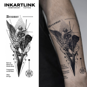 INKARTLINK Dreamer Angel Tattoo Sticker Winged Statue Quote Lettering Geometric Line Aesthetic Herbal 15 Days Bulk - Product Image 1