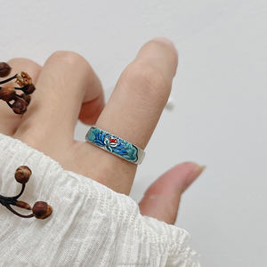 Bague ouverte en émail de Style ethnique Vintage, certifiée S999, couleur bleu cuit, Lotus, graine de Lotus, bague de mode nationale pour femmes - Product Image 2