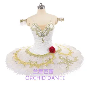 Fine Pattern Roses Adorn High Quality Custom Size Kids Girls Performance Wear Professional White Golden Ballet Tutu