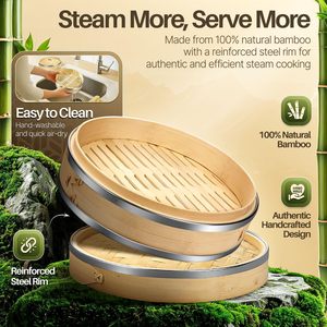 Juego de Vaporeras de Bambú de 8 Pulgadas con Banda de Acero Inoxidable, Diseño Ecológico de 2 Capas, 50 Revestimientos para <span class=keywords><strong>Vaporera</strong></span>, Palillos para Cocina de Gas - Product Image 4