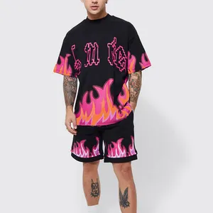 Summer Oversized Hip Hop Heavyweight Cotton Flames Graphic All Over Printed T-shirt And Faux Layer Shorts Set