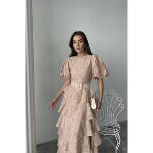 เดรสทรงเอไลน์ผ้าซาตินสีเบจหรูหรา แขนทรงบอลลูนแบบเลเยอร์ แต่งเข็มขัด คอทรงโอ สไตล์วินเทจ สำหรับงานกลางคืน - Product Image 6