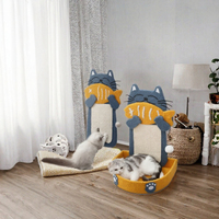 Griffoir classique en forme de L pour chat, écologique, design mignon de chat dessinant un poisson, maisonnette quatre saisons en carton