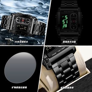 Binbond Square Dual Display Electronic Watch Men Waterproof Stainless Steel Strap Quartz Watch 14mm Folding Clasp - Product Image 4