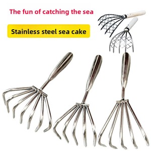Râteau à coquillages en acier inoxydable avec manche en bois, 5/7 dents, outil de ramassage de coquillages et d'escargots pour la plage et la mer - Product Image 3