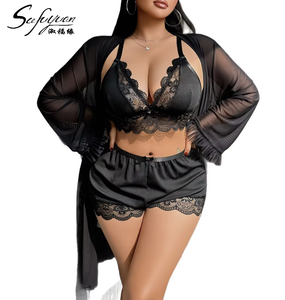 B451 Set <span class=keywords><strong>da</strong></span> <span class=keywords><strong>Notte</strong></span> 3 Pezzi per Donna, <span class=keywords><strong>Camicia</strong></span> <span class=keywords><strong>da</strong></span> <span class=keywords><strong>Notte</strong></span> in Pizzo <span class=keywords><strong>e</strong></span> <span class=keywords><strong>Vestaglia</strong></span>, Stile Europeo, Abbigliamento Estivo per Casa, Taglia 3XL - Product Image 6