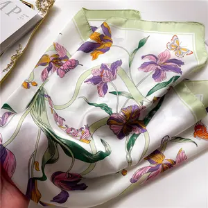 70cm Square Small Fresh Flowers Butterfly Silk Scarf Lightweight Chemical Fiber Spring Headscarf Shawl