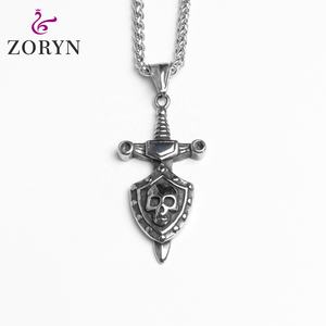 Colliers pendentifs en acier inoxydable 316L personnalisés, motif épée, bouclier et crâne, style gothique punk vintage, bijoux de mode en acier titane pour hommes - Product Image 1