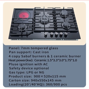 Venta al por mayor de vidrio templado superior pesado de cocina integrada de 5 quemadores estufa integrada encimera de gas de China proveedor precio negro - Product Image 2