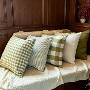 Green Plaid And Striped Decorative <b>Pillows</b> Square Removable Linen Living Room <b>Sofa</b> Cushions - Product Image 1
