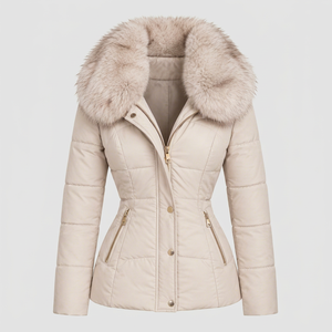 Womens Faux <b>Fur</b> Collar Puffer Coat Quilted Winter Jacket Belted Outerwear <b>with</b> Down Filling for Casual Travel - Product Image 1