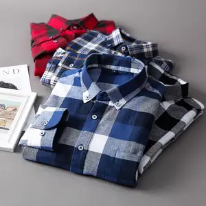 Camisa xadrez escovado dos homens de primavera slim fit Algodão xadrez casual camisa de manga comprida Camisas masculinas