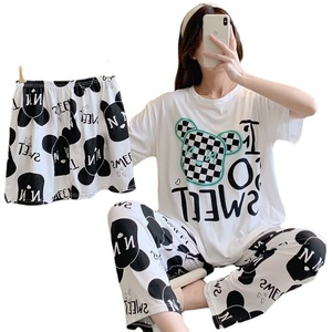 Camiseta de Verano de Alta Calidad, Delgada, Cómoda, de Manga Corta, Transpirable, con Cuello Redondo, Pijama de Verano con Dibujos Animados, Conjunto de Tres Piezas - Product Image 5