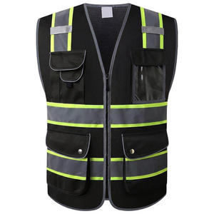Chaleco de Seguridad Negro de Alta Visibilidad Personalizado con Franjas Reflectantes y Múltiples Bolsillos, Ropa de Trabajo Unisex de Poliéster - Product Image 1