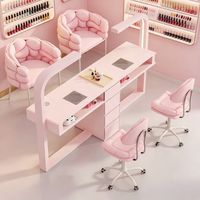 Table de Manucure Rose Moderne pour Salon avec Éclairage LED, Plateau en Marbre, Ventilateur d'Aspiration de Poussière et Rangement Multi-Tiroirs pour Technicien(ne) Ongulaire