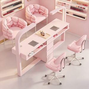 <span class=keywords><strong>Table</strong></span> de Manucure Rose Moderne pour Salon avec Éclairage LED, Plateau en Marbre, Ventilateur d'Aspiration de Poussière et Rangement Multi-Tiroirs pour Technicien(ne) Ongulaire - Product Image 1