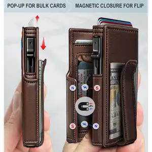 Slim Aluminum Card Holder Case Men 's Rfid Genuine Leather Pop Up Wallet With Money Clip