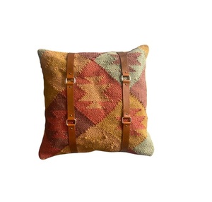 Natural Wool Jute Cushion with Leather Belt Elegant Handmade Accent Pillow for Contemporary and Rustic Interiors - Product Image 3